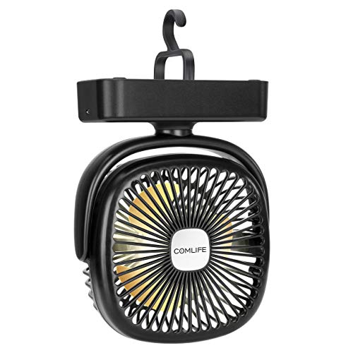 COMLIFE Ventilador Portátil para Camping con Luz LED, 3 Velocidades, Rotación de 360 °, Alimentado por USB o Batería Recargable 4400mAh, Ventilador de Mesa para el Hogar, Exterior, Oficina, Camping