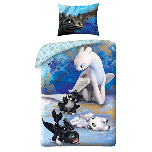 Cómo Entrenar a tu dragón Ropa de Cama Reversible How to Train Your Dragon HTTD-6050BL 140x200 Furia Luminosa y Nocturna Desdentao Negro Blanco Azúl Oeko Tex