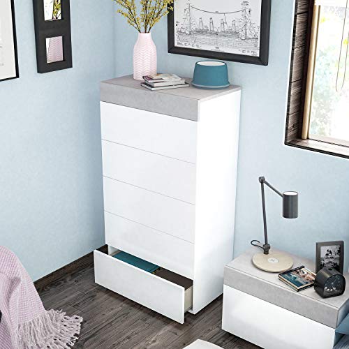 Comoda 5 cajones, Sinfonier Dormitorio, Modelo Tekkan, Acabado en Color Blanco Artik y Gris Cemento, Medidas: 61 cm (Ancho) x 118 cm (Alto) x 40 cm de (Fondo) Comoda 5 cajones, Sinfonier Dormitorio, Modelo Tekkan, Acabado en Color Blanco Artik y Gris Cemento, Medidas: 61 cm (Ancho) x 118 cm (Alto) x 40 cm de (Fondo)