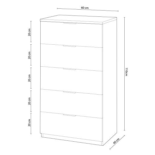 Comoda 5 Cajones, Sinfonier, Modelo Alaya, Acabado en Color Blanco Artik, 60 cm (Ancho) x 110 cm (Alto) x 40 cm (Fondo)