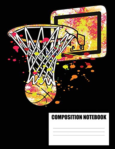 Composition Notebook: Sports Themed Basketball Hoop, Net, Ball and Backboard Watercolor Art Style College Ruled Lined Pages Book (7.44 x 9.69)