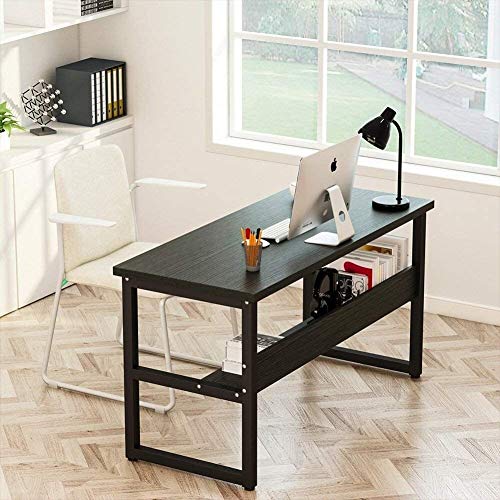 Computadora de escritorio, Estudio escritorio de oficina ordenador portátil PC Tabla de estaciones de trabajo con estructura de acero y estantería for oficina en casa, Negro de madera del grano