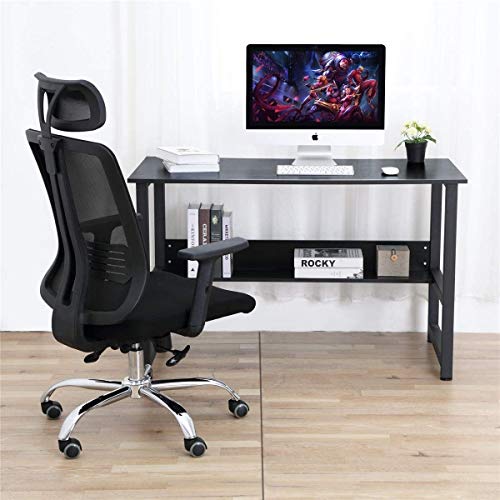 Computadora de escritorio, Estudio escritorio de oficina ordenador portátil PC Tabla de estaciones de trabajo con estructura de acero y estantería for oficina en casa, Negro de madera del grano Computadora de escritorio, Estudio escritorio de oficina ordenador portátil PC Tabla de estaciones de trabajo con estructura de acero y estantería for oficina en casa, Negro de madera del grano