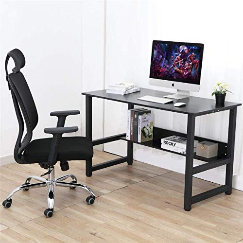 Computadora de escritorio, Estudio escritorio de oficina ordenador portátil PC Tabla de estaciones de trabajo con estructura de acero y estantería for oficina en casa, Negro de madera del grano Computadora de escritorio, Estudio escritorio de oficina ordenador portátil PC Tabla de estaciones de trabajo con estructura de acero y estantería for oficina en casa, Negro de madera del grano