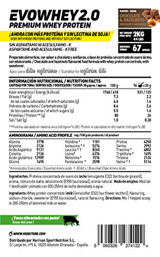 Concentrado de Proteína de Suero Evowhey Protein 2.0 de HSN | Whey Protein Concentrate| Batido de Proteínas en Polvo | Vegetariano, Sin Gluten, Sin Soja, Sabor Chocolate Avellana, 500g