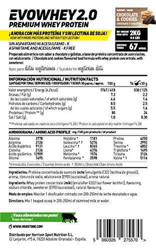 Concentrado de Proteína de Suero Evowhey Protein 2.0 de HSN | Whey Protein Concentrate| Batido de Proteínas en Polvo | Vegetariano, Sin Gluten, Sin Soja, Sabor Chocolate Galletas, 2Kg