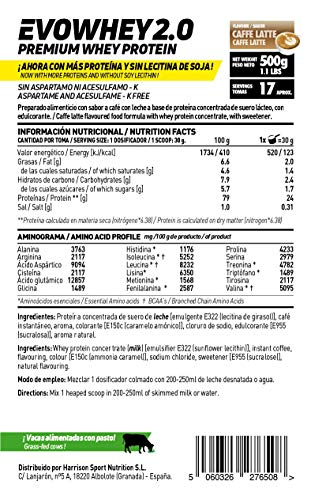 Concentrado de Proteína de Suero Evowhey Protein 2.0 de HSN | Whey Protein Concentrate| Batido de Proteínas en Polvo | Vegetariano, Sin Gluten, Sin Soja, Sabor Café con Leche, 500g