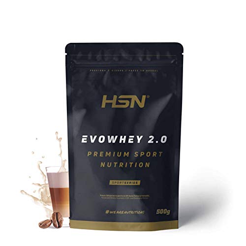 Concentrado de Proteína de Suero Evowhey Protein 2.0 de HSN | Whey Protein Concentrate| Batido de Proteínas en Polvo | Vegetariano, Sin Gluten, Sin Soja, Sabor Café con Leche, 500g