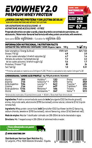 Concentrado de Proteína de Suero Evowhey Protein 2.0 de HSN | Whey Protein Concentrate| Batido de Proteínas en Polvo | Vegetariano, Sin Gluten, Sin Soja, Sabor Sandía, 2Kg