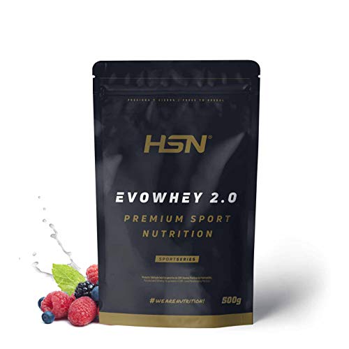 Concentrado de Proteína de Suero Evowhey Protein 2.0 de HSN | Whey Protein Concentrate| Batido de Proteínas en Polvo | Vegetariano, Sin Gluten, Sin Soja, Sabor Frutas del Bosque, 500g