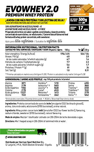 Concentrado de Proteína de Suero Evowhey Protein 2.0 de HSN | Whey Protein Concentrate| Batido de Proteínas en Polvo | Vegetariano, Sin Gluten, Sin Soja, Sabor Galleta Caramelizada, 500g