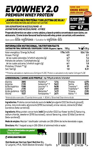 Concentrado de Proteína de Suero Evowhey Protein 2.0 de HSN | Whey Protein Concentrate| Batido de Proteínas en Polvo | Vegetariano, Sin Gluten, Sin Soja, Sabor Crema Catalana, 2Kg