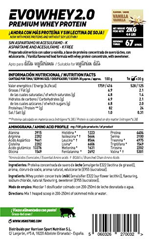 Concentrado de Proteína de Suero Evowhey Protein 2.0 de HSN | Whey Protein Concentrate| Batido de Proteínas en Polvo | Vegetariano, Sin Gluten, Sin Soja, Sabor Vainilla, 2Kg