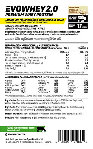 Concentrado de Proteína de Suero Evowhey Protein 2.0 de HSN | Whey Protein Concentrate| Batido de Proteínas en Polvo | Vegetariano, Sin Gluten, Sin Soja, Sabor Vainilla, 500g