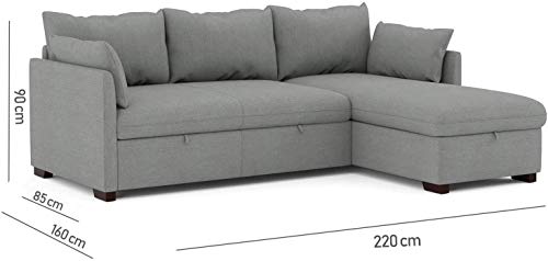 Confort24 Orlando Hogar Sofá Cama 3 Plazas Chaise Longue Esquinero Reversible Izquierda o Derecha con Arcón Tapizado Tela Gris Sofá de Salon Decoración de Hogar Cojines y Tapicería 221 x 162 x 90