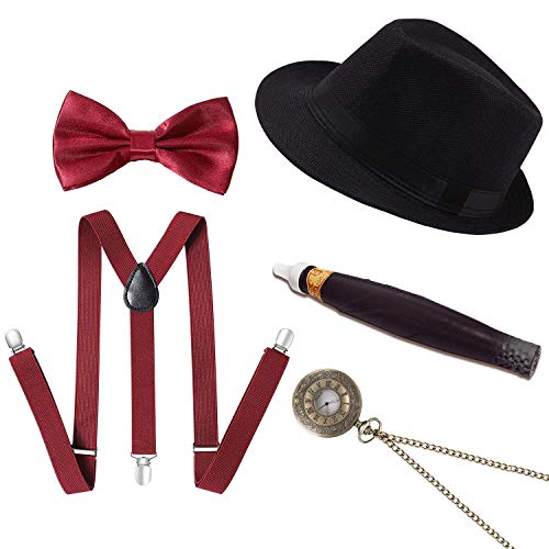 Conjunto de accesorios para el disfraz de gángster masculino Gatsby de los años 20, disfraz de flapper de los años 20 (Negro + Rojo)