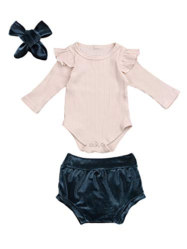 Conjunto de Pantalones Cortos para niñas recién Nacidas, Mono de Mameluco de Manga Larga de algodón, Mono + Pantalones Cortos + Diadema, Traje de 3 Piezas (Green, 9-12 Months)