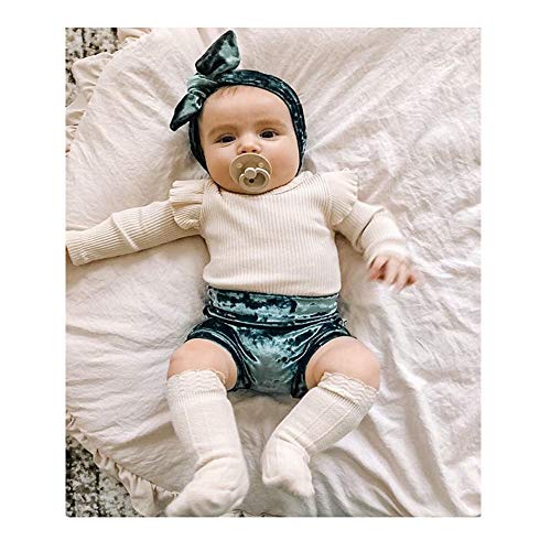 Conjunto de Pantalones Cortos para niñas recién Nacidas, Mono de Mameluco de Manga Larga de algodón, Mono + Pantalones Cortos + Diadema, Traje de 3 Piezas (Green, 9-12 Months)