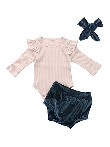 Conjunto de Pantalones Cortos para niñas recién Nacidas, Mono de Mameluco de Manga Larga de algodón, Mono + Pantalones Cortos + Diadema, Traje de 3 Piezas (Green, 9-12 Months)