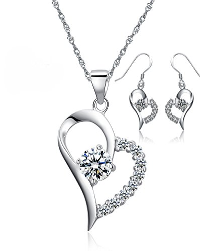 Conjunto de Pendientes y Collar con Colgante Corazón Abierto Asimétrico Mitad Circonia Cúbica - De Plata de Ley - Regalo Perfecto Para Mujer