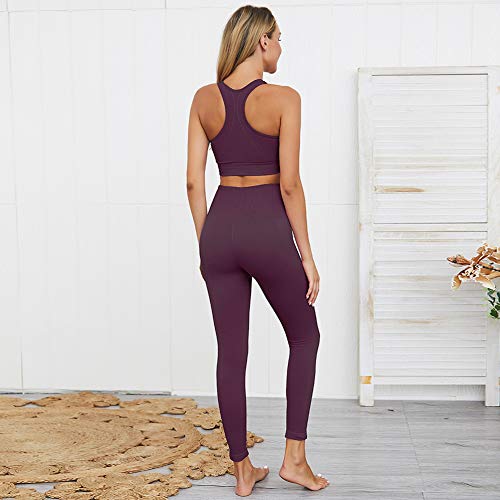 Conjunto De Ropa De Yoga para Mujer,Deportivo Top Sujetador Y Leggings Gimnasio Ropa Chándal Yoga Morado Oscuro M