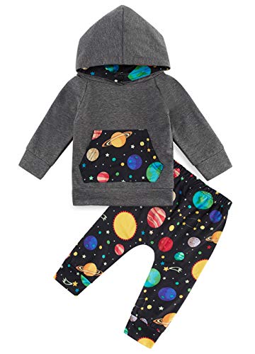 Conjunto de Sudadera con Capucha niños pequeños Planet Patchwork 0-6 Meses Bebé Bolsillo Capucha Tops de Manga Larga chándal Pantalones Largos cordón Ropa Atuendo Fiesta Informal niños en la Escuela