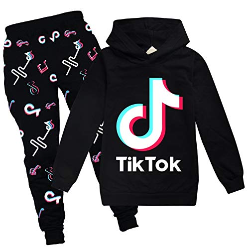 Conjunto de sudadera con capucha y pantalones, con diseƱo de Tik Tok, unisex, de moda, estilo deportivo, color negro, ropa para niƱas de 13 - 14 aƱos Conjunto de sudadera con capucha y pantalones, con diseƱo de Tik Tok, unisex, de moda, estilo deportivo, color negro, ropa para niƱas de 13 - 14 aƱos