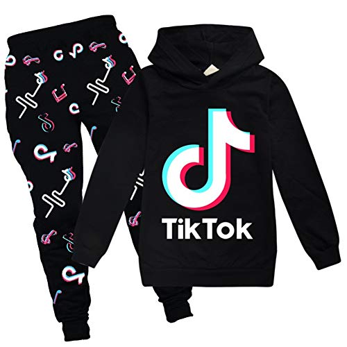 Conjunto de sudadera con capucha y pantalones, con logotipo Tik Tok, unisex, de estilo deportivo, de moda, para niños y niñas, (color negro, para 11 - 12 años)