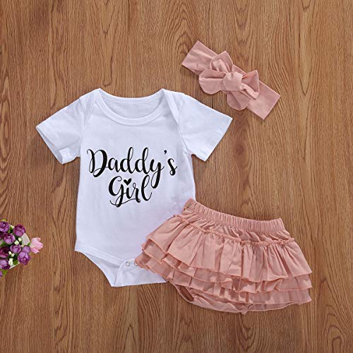 Conjunto de Trajes de Verano para bebés y niñas, Tops de Mameluco con Estampado de Letras de Manga Corta + Pantalones Cortos de tutú + Conjunto de Diadema (White, 9-12 Months)