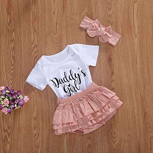 Conjunto de Trajes de Verano para bebés y niñas, Tops de Mameluco con Estampado de Letras de Manga Corta + Pantalones Cortos de tutú + Conjunto de Diadema (White, 9-12 Months)