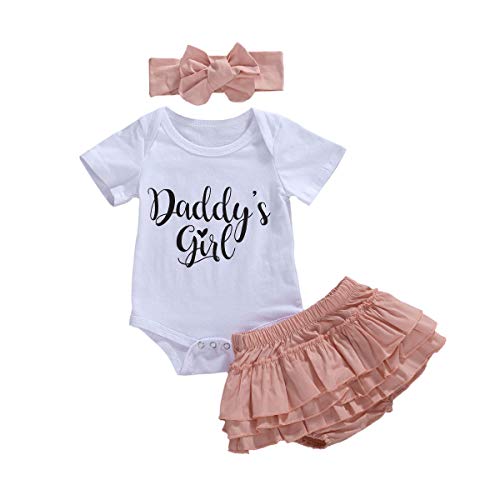 Conjunto de Trajes de Verano para bebés y niñas, Tops de Mameluco con Estampado de Letras de Manga Corta + Pantalones Cortos de tutú + Conjunto de Diadema (White, 9-12 Months) Conjunto de Trajes de Verano para bebés y niñas, Tops de Mameluco con Estampado de Letras de Manga Corta + Pantalones Cortos de tutú + Conjunto de Diadema (White, 9-12 Months)