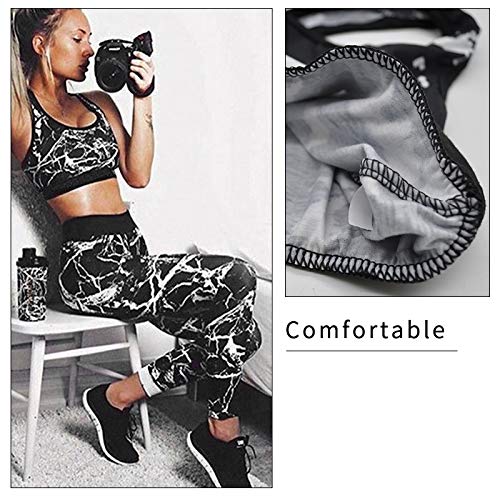 Conjunto Ropa Deportiva Mujer Fitness Chandal 2 Piezas Estampada Sujetador Crop Top y Mallas Leggings Conjunto de Ropa de Deporte Yoga Set Sportwear para Gym Running Pilates Fitness (Negro, S)