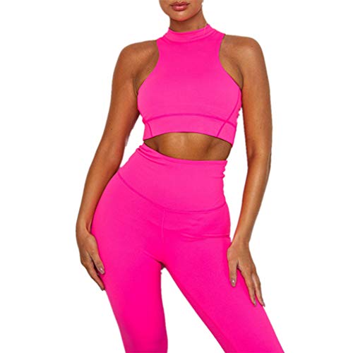 Conjunto Ropa Deportiva Mujer, Morbuy Deportivos Entrenamiento Fitness Yoga Top y Pantalones Leggings Raya Lateral Set Chandal Estampada Running Pilates (M,Rosa Fluorescente)