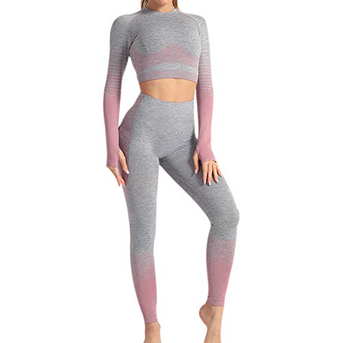 Conjunto Tops Yoga Seamless Gradient Yoga Top de Manga Larga Pantalon Deportivo Leggings Sin Costuras Mujer Alta Cintura Elásticos Fitness para Mujeres Gym Running Yoga (Rosado, S)