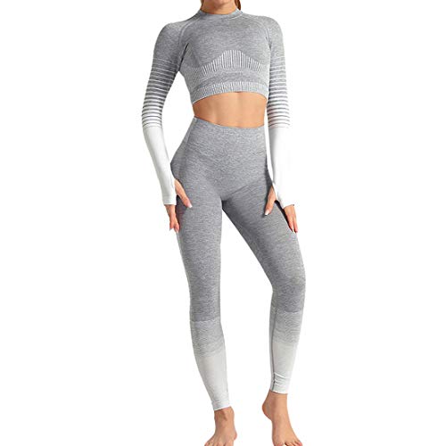 Conjunto Tops Yoga Seamless Gradient Yoga Top de Manga Larga Pantalon Deportivo Leggings Sin Costuras Mujer Alta Cintura Elásticos Fitness para Mujeres Gym Running Yoga (Blanco, S)