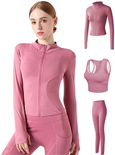 Conjunto Yoga 3 Piezas Ropa Fitness Entrenamiento, Top Pantalones y Chaqueta de Yoga Súper Elásticos. Leggings+Bralette para Mujer+Chaqueta de Manga Larga Mujer (Rosa, L)