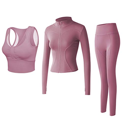 Conjunto Yoga 3 Piezas Ropa Fitness Entrenamiento, Top Pantalones y Chaqueta de Yoga Súper Elásticos. Leggings+Bralette para Mujer+Chaqueta de Manga Larga Mujer (Rosa, L)