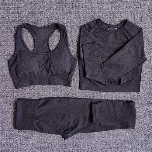 Conjunto Yoga 3 Piezas Ropa Fitness , Pantalones De Yoga Súper Elásticos Sin Costuras+Bralette Para Mujer+Camiseta Deportiva De Manga Larga Sin Costuras Mujer Negro ( M