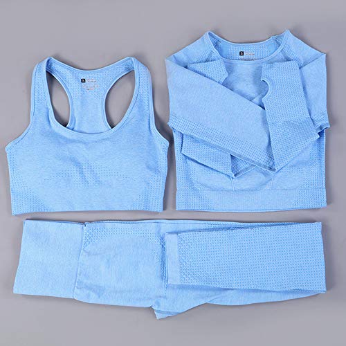 Conjunto Yoga 3 Piezas Ropa Fitness , Pantalones De Yoga Súper Elásticos Sin Costuras+Bralette Para Mujer+Camiseta Deportiva De Manga Larga Sin Costuras Mujer Azul S