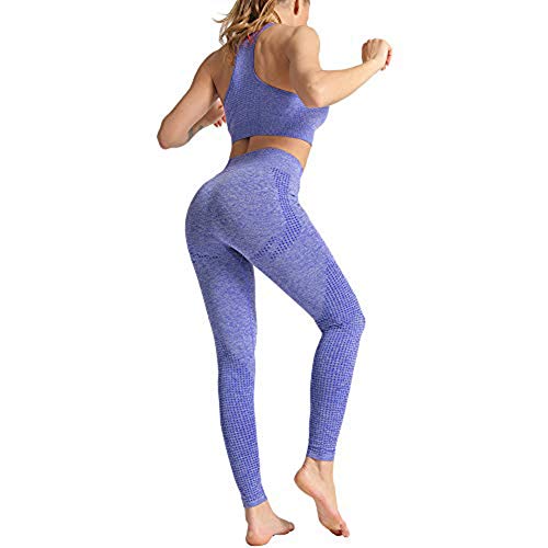 Conjunto Yoga 3 Piezas Ropa Fitness , Pantalones De Yoga Súper Elásticos Sin Costuras+Bralette Para Mujer+Camiseta Deportiva De Manga Larga Sin Costuras Mujer Morado ( M