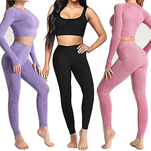 Conjunto Yoga 3 Piezas Ropa Fitness , Pantalones De Yoga Súper Elásticos Sin Costuras+Bralette Para Mujer+Camiseta Deportiva De Manga Larga Sin Costuras Mujer Morado ( M