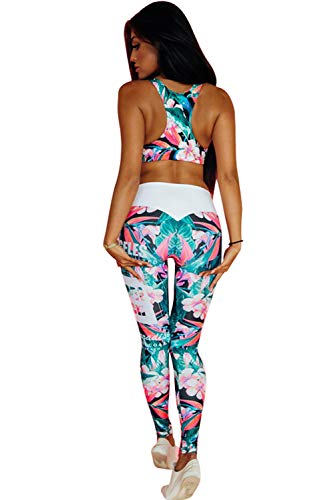 Conjuntos Deportivos Mujer Fitness Bohemio Chic Ropa de Gimnasio Chandal Dos Piezas Estampada Flores Verano Sujetador Crop Top y Pantalon Leggings Push Up Yoga Set Sportwear para Gym Running Pilates