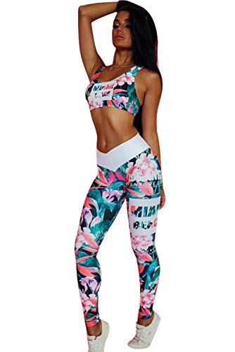 Conjuntos Deportivos Mujer Fitness Bohemio Chic Ropa de Gimnasio Chandal Dos Piezas Estampada Flores Verano Sujetador Crop Top y Pantalon Leggings Push Up Yoga Set Sportwear para Gym Running Pilates