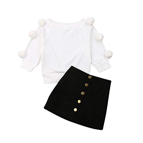 Conjuntos para Niñas Otoño Primavera Ropa Niña 2 Piezas Camiseta Manga Larga con Bolas + Falda Mini con Botones Estilo Típico para Niñas de 2 a 7 Años (Blanco, 3-4 Años)