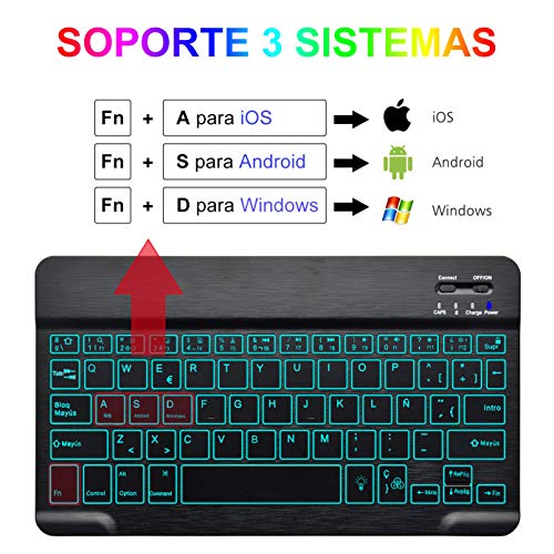 COO Teclado Inalámbrico Bluetooth, Teclado de Español (Incluye Letra Ñ) con 7 Colores Retroiluminado - Teclado Bluetooth 3.0 Ultra Delgado con Batería Recargable, Sistemas de iOS, Android, Windows