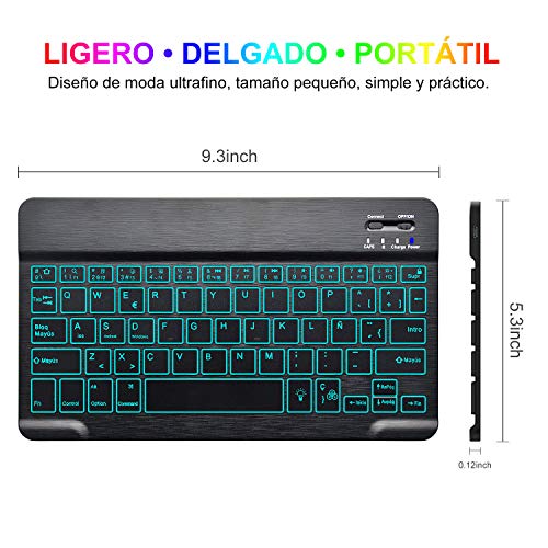 COO Teclado Inalámbrico Bluetooth, Teclado de Español (Incluye Letra Ñ) con 7 Colores Retroiluminado - Teclado Bluetooth 3.0 Ultra Delgado con Batería Recargable, Sistemas de iOS, Android, Windows