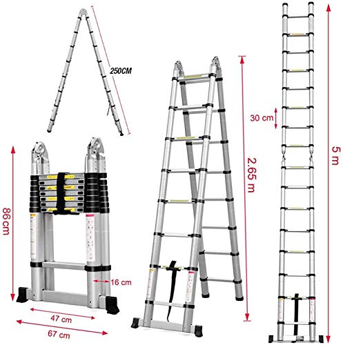 COOCHEER 5m Escalera Telescópica, Escalera plegable aluminio,16 Escalones Antideslizantes, carga máxima: 150 kg
