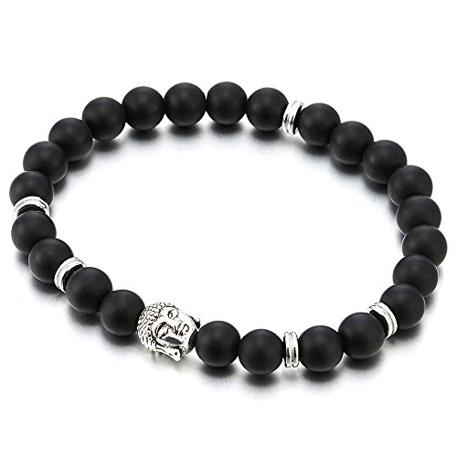 COOLSTEELANDBEYOND Estera Ónix Negro, Hombre Muchachos Niños Estirable Pulsera Brazalete de Perlas con Buda, Tibetan Buddhist Prayer Mala