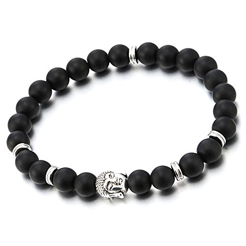 COOLSTEELANDBEYOND Estera Ónix Negro, Hombre Muchachos Niños Estirable Pulsera Brazalete de Perlas con Buda, Tibetan Buddhist Prayer Mala