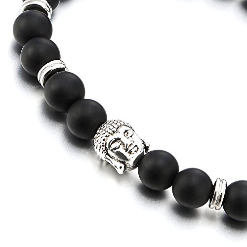 COOLSTEELANDBEYOND Estera Ónix Negro, Hombre Muchachos Niños Estirable Pulsera Brazalete de Perlas con Buda, Tibetan Buddhist Prayer Mala